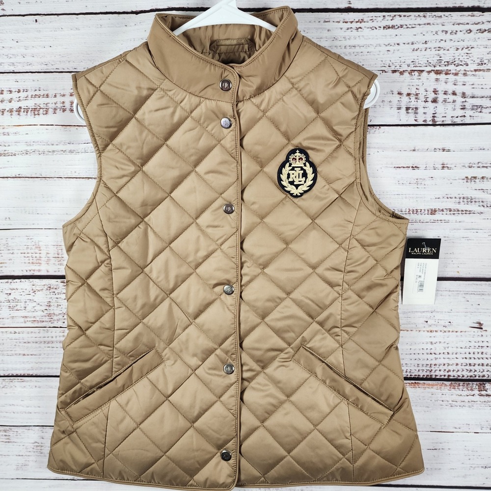 NWT Lauren Ralph Lauren Quilted Vest Small Petite Regular Birch Tan Crest Patch - Picture 2 of 12